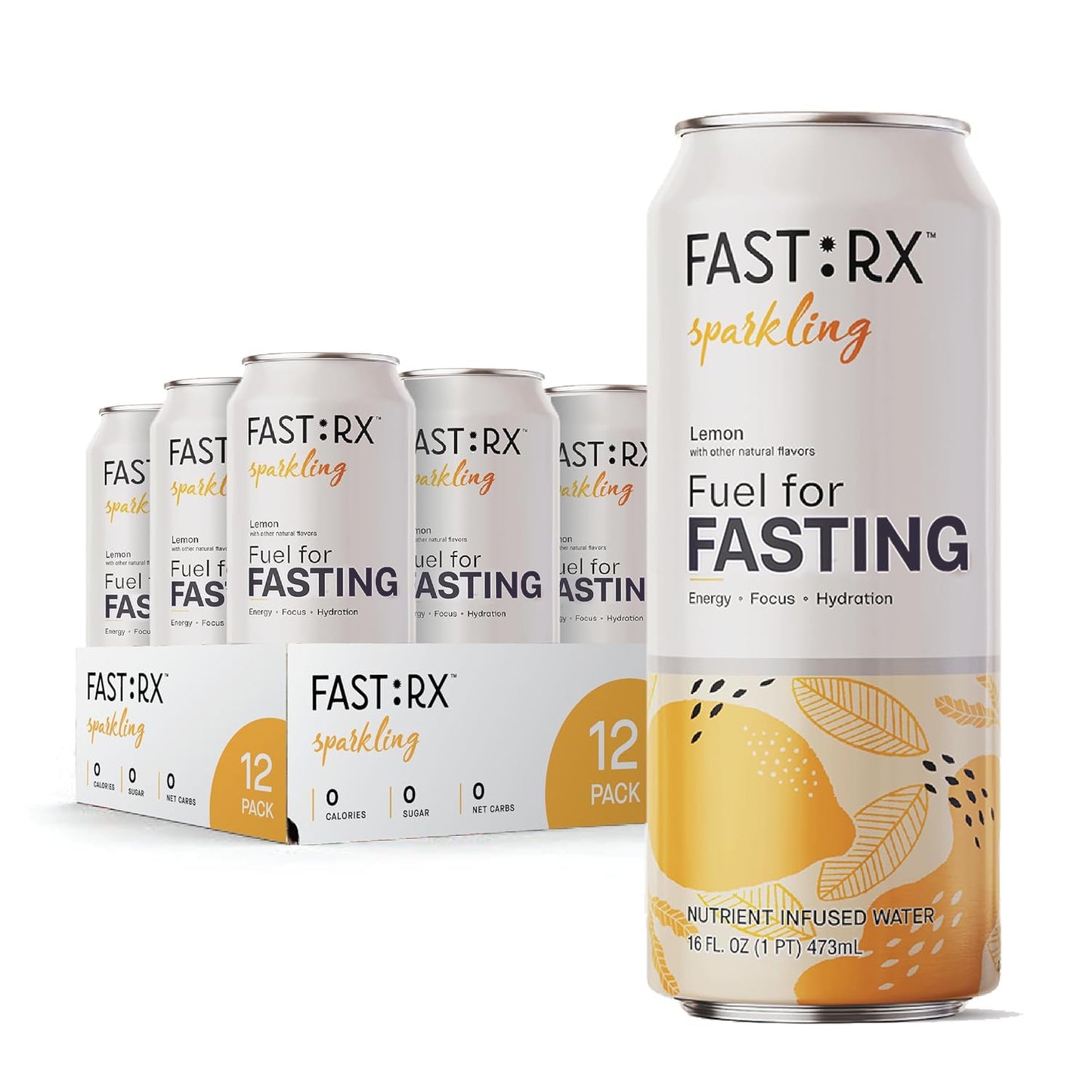 FASTRX Meyer Lemon Sparkling Fasting Electrolyte Drink – Hunger Suppressant, Includes Essential Electrolytes and Vitamins, De-Sugared Lemon Juice – Zero Sugar, 16 Fl Oz, Pack of 12