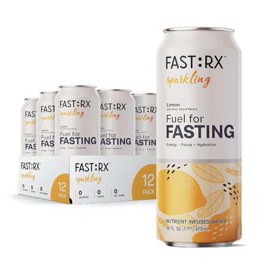 FASTRX Meyer Lemon Sparkling Fasting Electrolyte Drink – Hunger Suppressant, Includes Essential Electrolytes and Vitamins, De-Sugared Lemon Juice – Zero Sugar, 16 Fl Oz, Pack of 12
