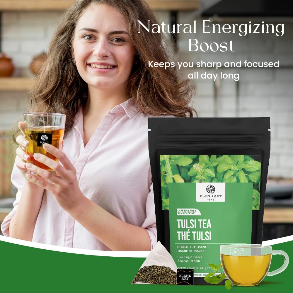 Tulsi Holy Basil Tea Bags 100 Count For Cognitive Balance & Overall Health Ayurvedic Tulsi With Antioxidants Caffeine Free Holy Basil Leaves Pyramid Herbal Tea Bags Support Digestion & Boost Immunity