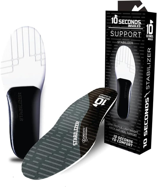 10 Seconds Stabilizer Insole, Medium Corrective Arch, Soft Support, Designed for Instability and Low-Profile Footwear, Deep Heel Cup, Anti Odor and Blister Topper (M 12.5/13.5)