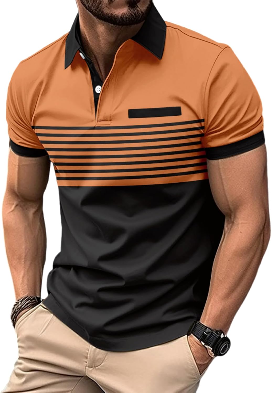 Men's Casual Polo Shirts Short Sleeve Fashion Golf Shirt Classic Striped Slim Fit T-Shirts