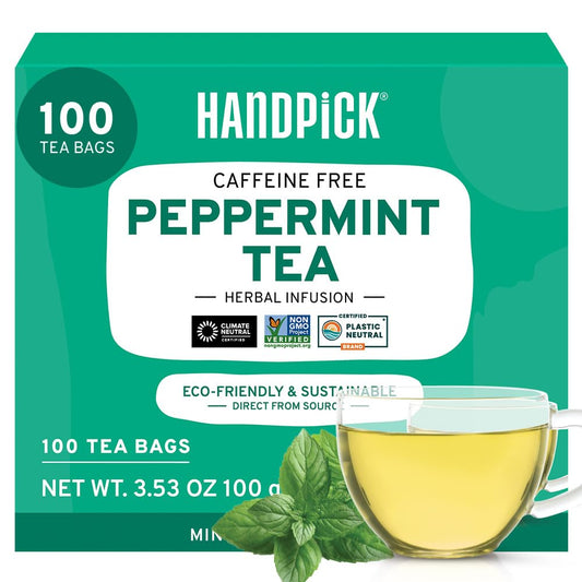 HANDPICK, Peppermint Tea, Eco-Conscious Tea Bags - 100 Count | Caffeine Free, Non-GMO | Minty, Fresh & Cool flavor | Direct From Source