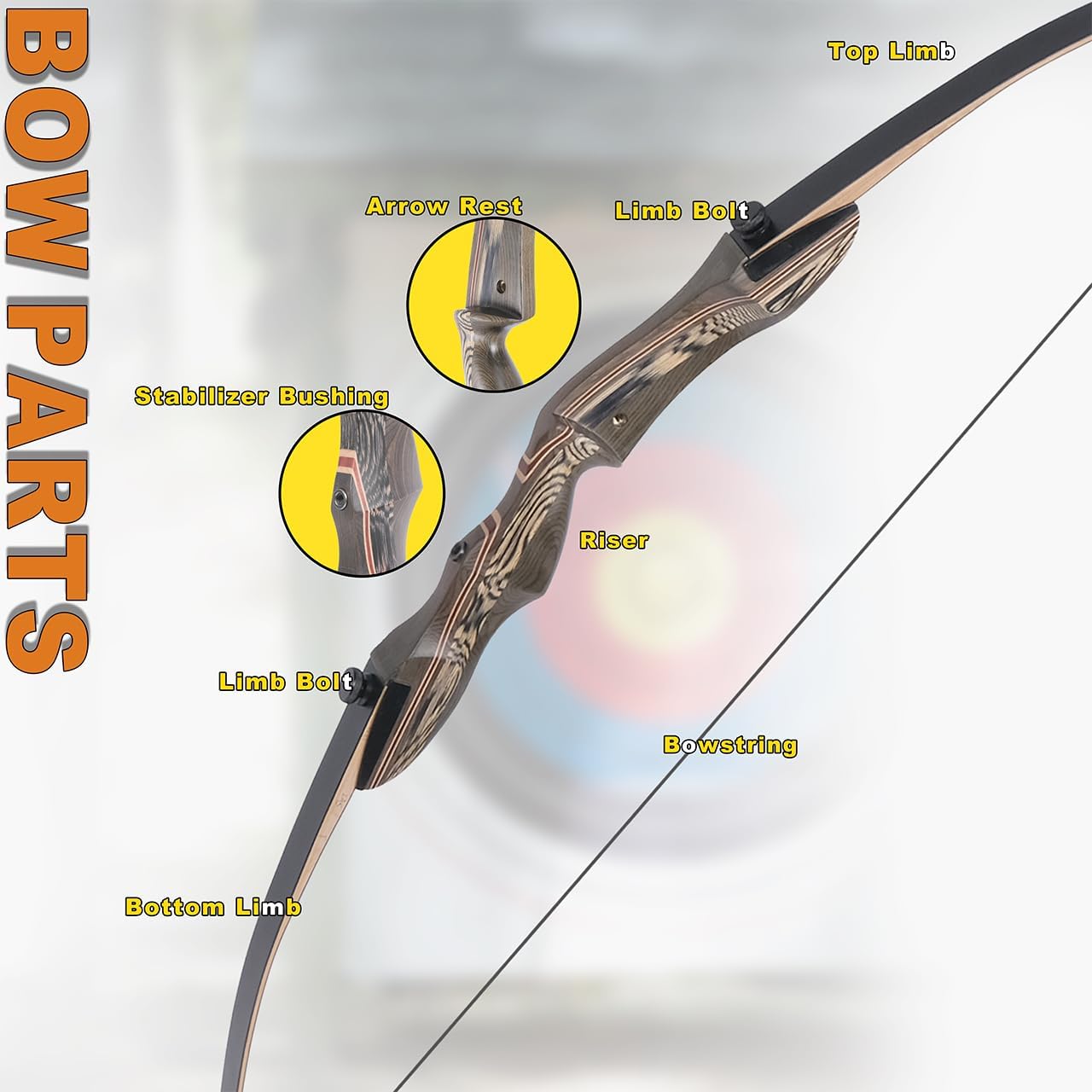 JEKOSEN Recurved Wooden Takedown Archery Bow 62" Hunting Bow - Arrows Quiver Bag and Bow Stringer Tool Included - Right & Left-Handed 25-55 LBS Draw Weight