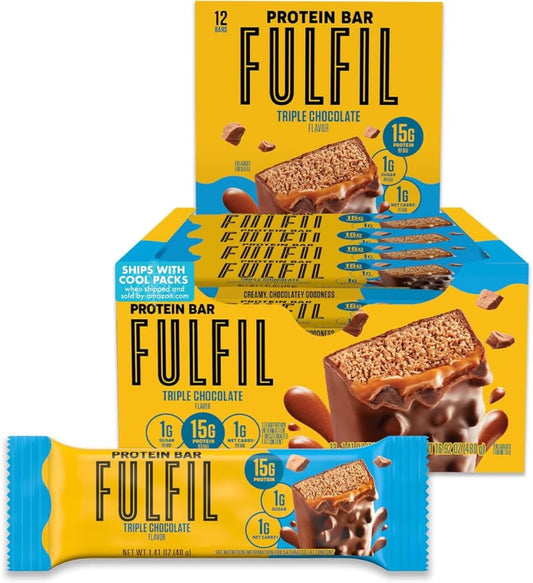 FULFIL Protein Snack Bars Flavored, Triple Chocolate, Gluten Free with 15g Protein, Pantry Staples, 12 Count