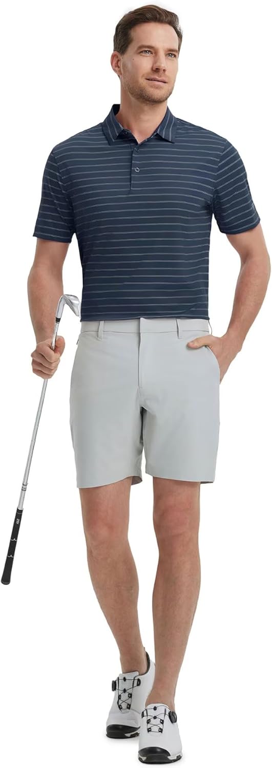 M MAELREG Mens Striped Golf Shirts Short Sleeve Silk-Like Touch Water-Resistant Breathable Soft Collared Polo Shirts for Men
