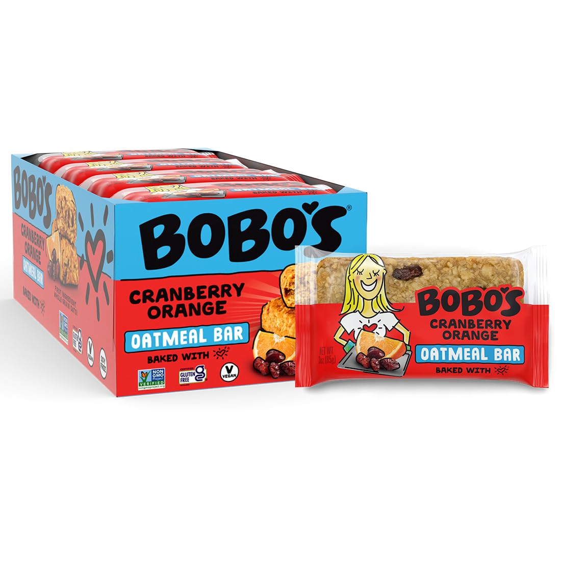 Bobo's Oatmeal Bars, Cranberry Orange, Gluten Free Vegan Whole Grain Oat Bars, Pack of 12