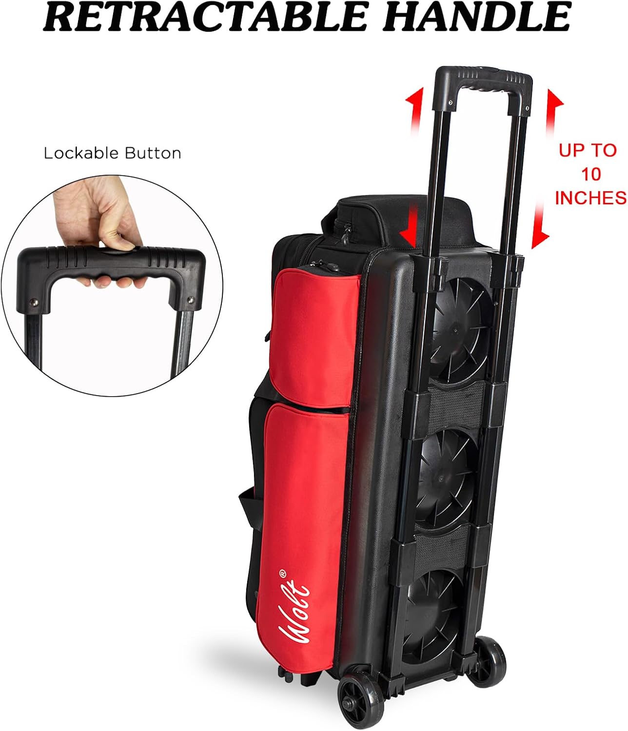 WOLT 3 Ball Bowling Bags with Wheels,Bowling Ball Bag 3 Ball Roller with Separate Shoe Compartment and Accessory Pocket, Retractable Handle Extends to 38’’