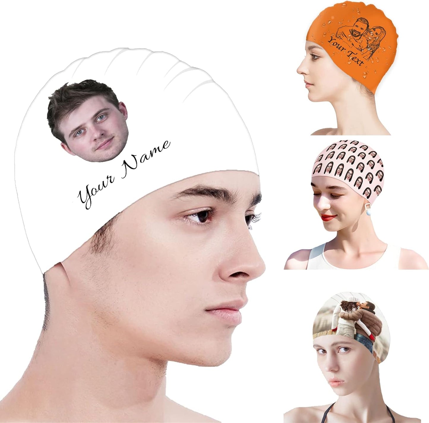 Custom Swim Cap with Photo Personalized Silicone Swim Cap for Men and Women Swimming Customized Swimmers Cap for Short and Medium Length Hair