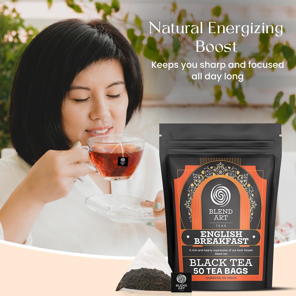 Blendart English Breakfast Black Tea Bags 50 Count Premium Whole Loose Leaf Caffeinated, Smooth, Flavour Robust Black Pyramid Tea Bags Long leaf Tea bags| Strong Robust British Tea