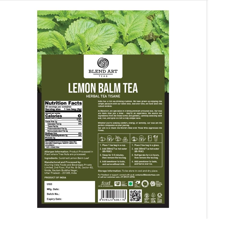BlendArt Teas - Lemon Balm Herbal Tea - 30 Count - Pyramid Tea Bag | Relive Stres- Lemon Balm Herbal Tea | Reduces Bloating | Refreshing Flavour - Leaf Based - Caffeine Free | Ziplock Pouch