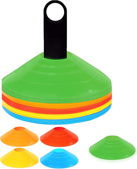 Training Soccer Cones 25/50/100 Pack with Carry Bag & Holder – 5 Colors – Agility Disc Cones Set Sports Practice Equipment for Soccer, Football, Basketball, Coaching & Speed