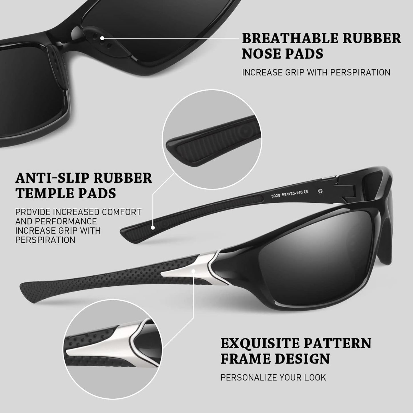 Polarized Sports Sunglasses for Men Women,Fishing Driving Rectangular Goggles UV400 Protection