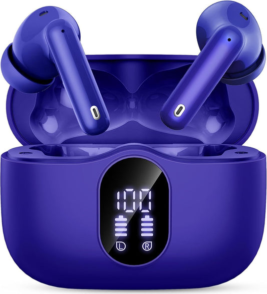 Wireless Earbuds, Bluetooth 5.4 Headphones Bass Stereo, Ear Buds with Noise Cancelling Mic, IP7 Waterproof in Ear Earphones, 36H LED Display Bluetooth Earbuds for Laptop Pad Phones Sports, Dark Blue