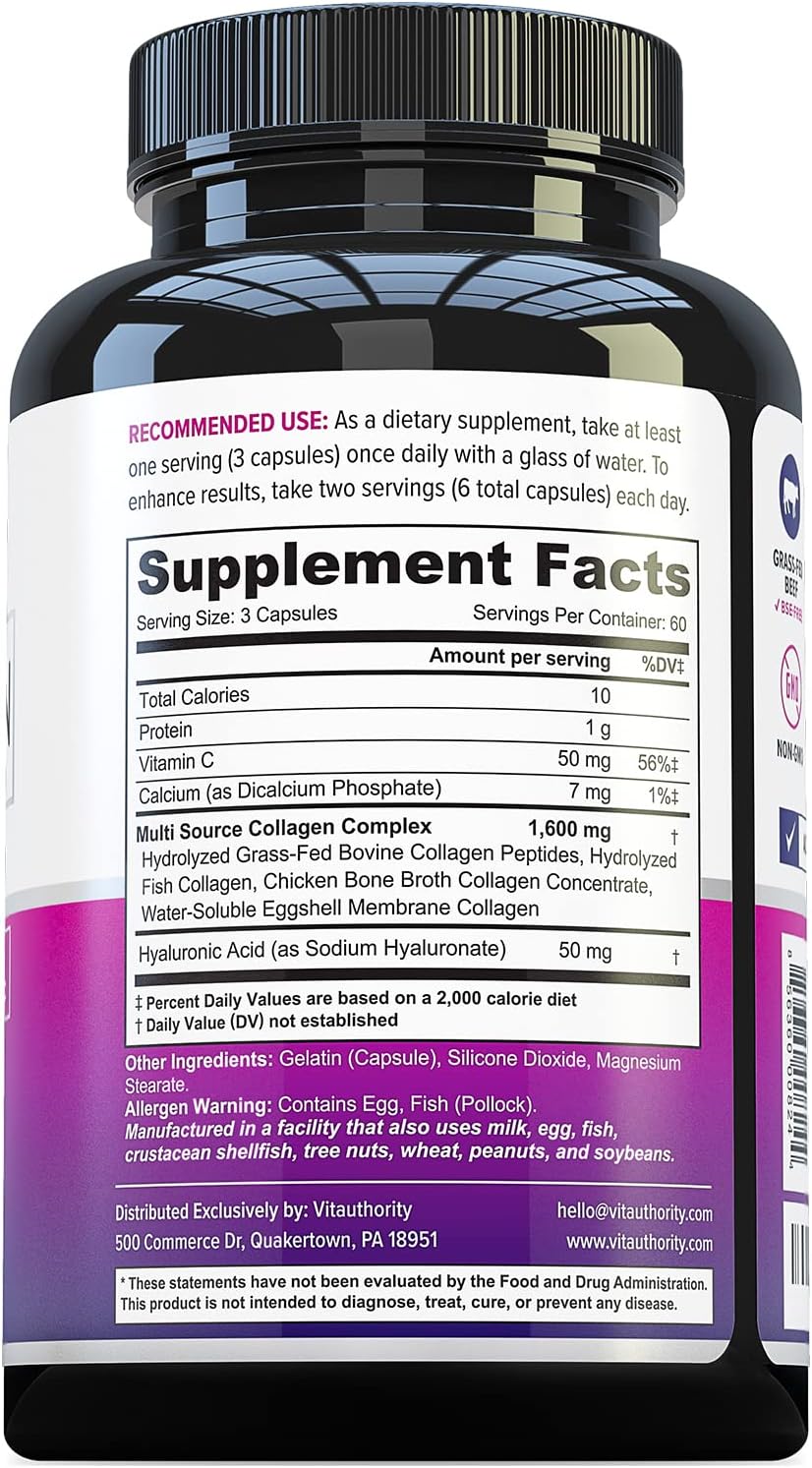 Multi Collagen Peptides Capsules for Women - Hydrolyzed Collagen for Women Pills with Types I II III V & X Plus Vitamin C & Hyaluronic Acid for Beautiful Hair Skin and Nails - 60 Servings