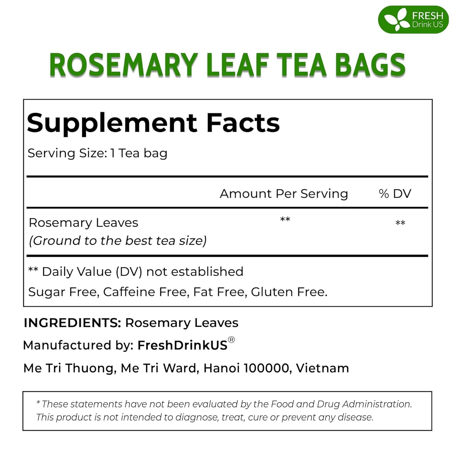 FreshDrinkUS Premium Rosemary Leaf Tea Bags - 75 Count, 100% Natural Dried Leaves, Pure Herbal Tea, No Additives, No Caffeine, No Gluten, Vegan