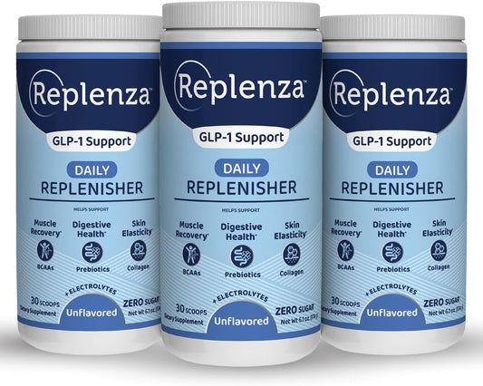 Replenza Daily Replenisher GLP-1 Nutritional Support, Powder, Muscle Recovery, Digestive Health & Skin Elasticity Mix of Amino Acids, Prebiotics and Collagen Peptides – Unflavored, 3 Pack