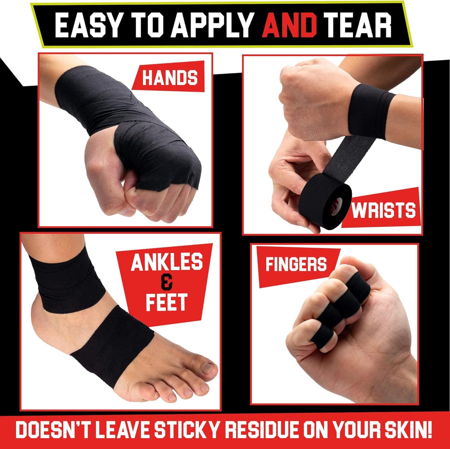 Black Athletic Tape Extremely Strong: 24 Rolls + 6 Finger Roll. Easy to Apply & No Residue. Sports Tape Athletic for Boxing Football Climbing or Gymnastics for Wrist Ankle & Hand Protection