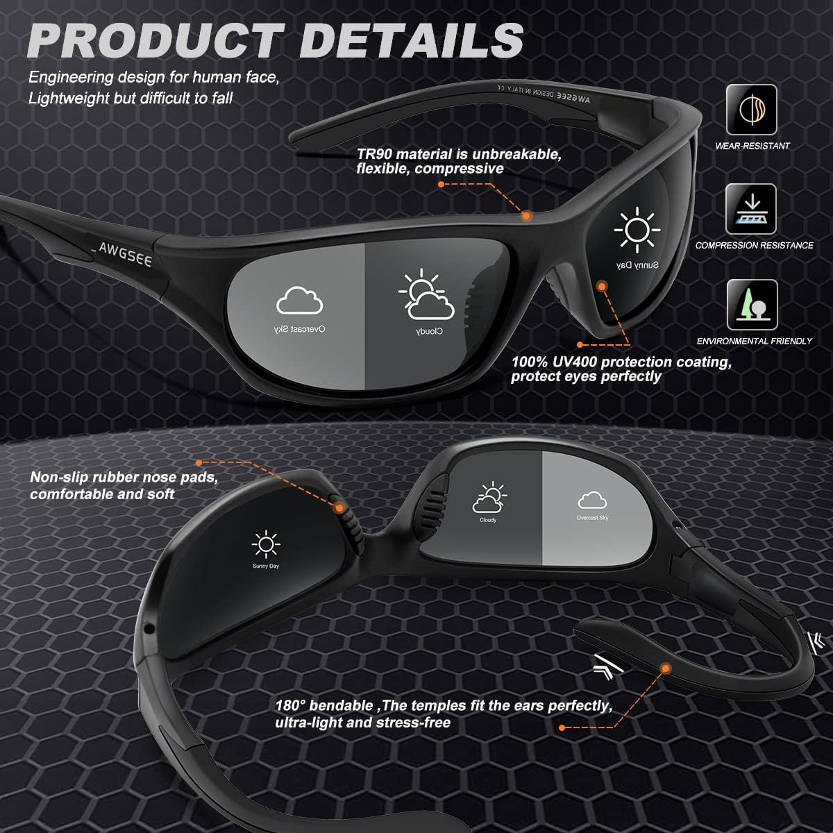 Polarized Sports Sunglasses for Men,TR90 Unbreakable Frame Sunglasses for Fishing Driving Cycling UV400 Protection