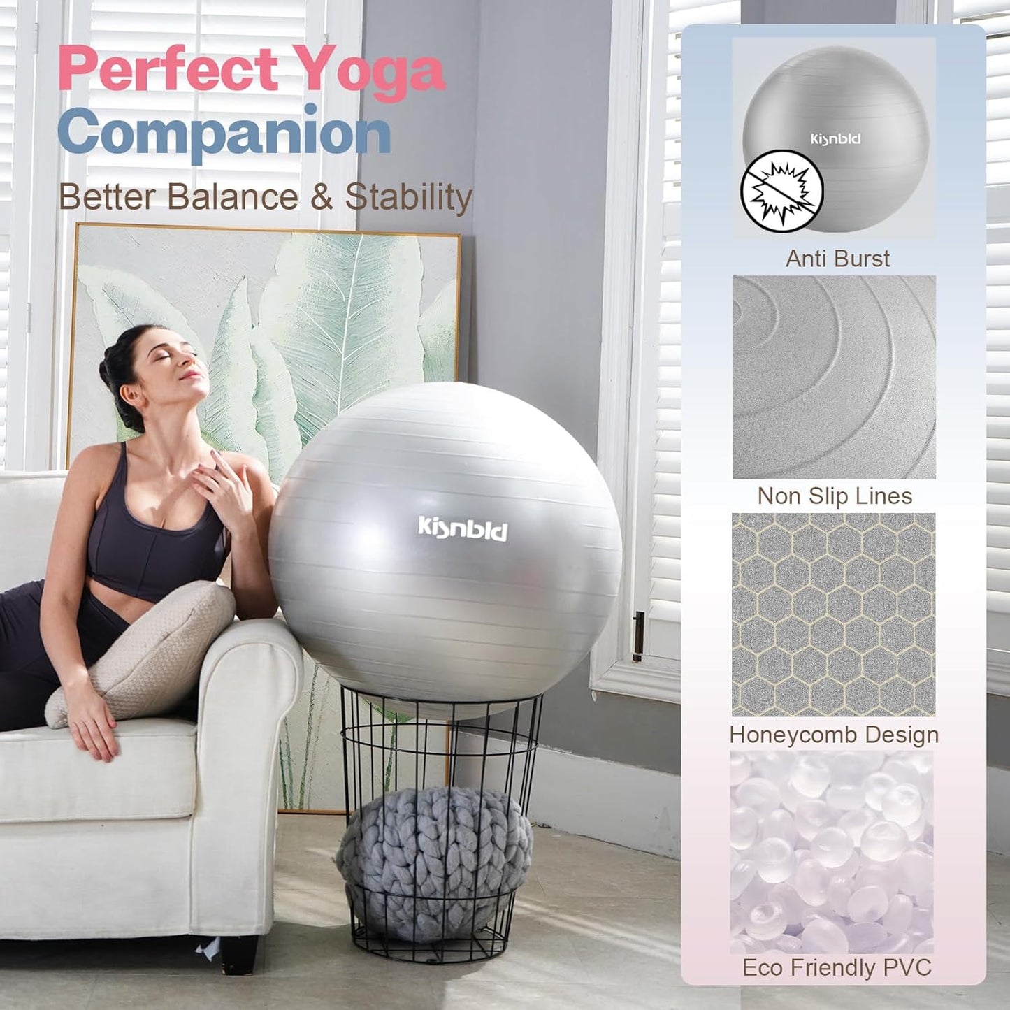 Exercise Ball, Extra Thick Yoga Ball for Workout Pregnancy Stability, 4 Sizes Anti-Burst Balance Ball with Foot Pump - Heavy Duty Fitness Ball Chair for Office, Home & Gym