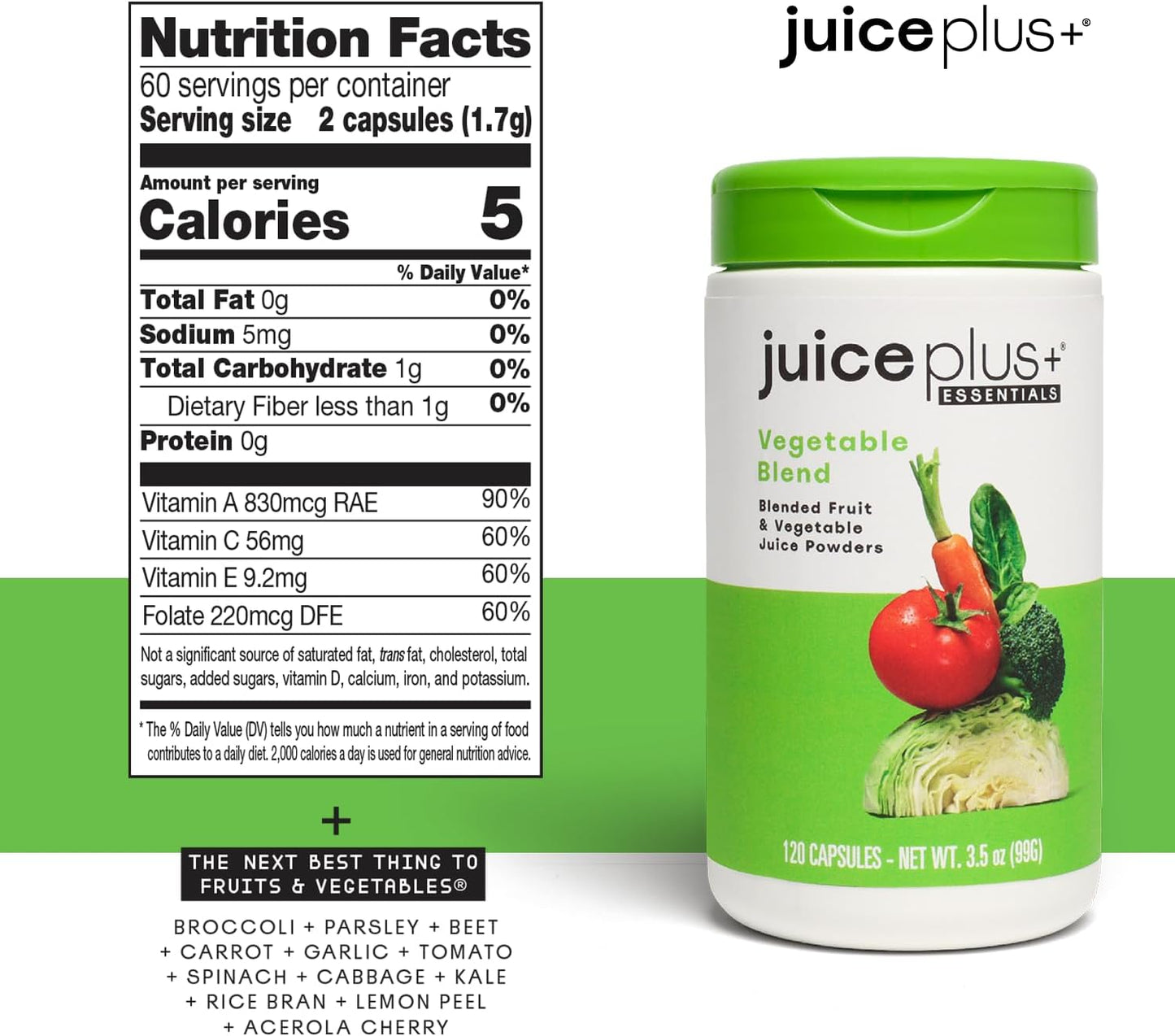 Juice Plus+ Vegetable Blend: with Broccoli, Parsley, Tomato & More - Plant-Based, Vegan, Gluten-Free, Non-GMO, Kosher - for Heart, Immune, Cognitive & Skin Health - 1 Bottle (60 Servings)