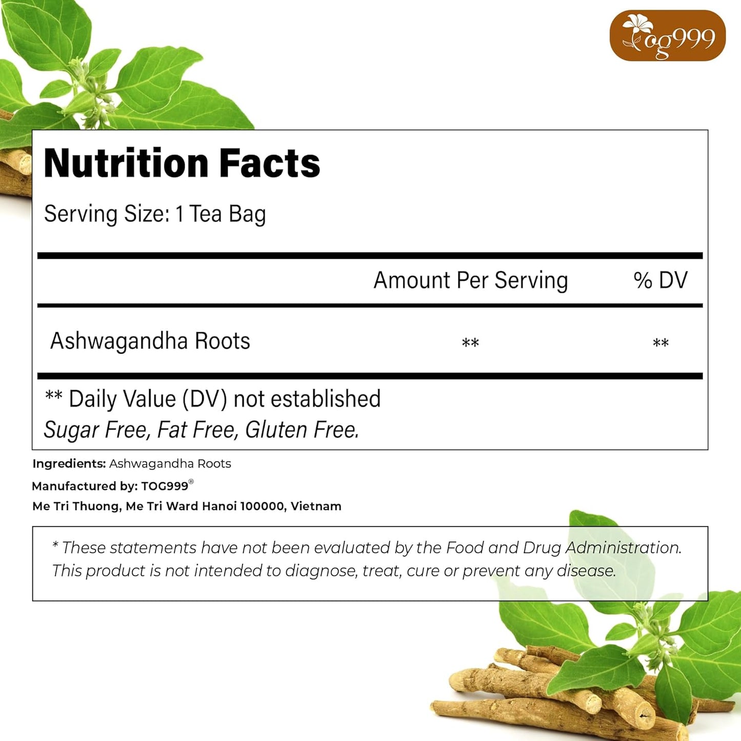 TOG999, Premium 120 Ashwagandha Root Tea Bags, 100% Natural & Pure from Ashwagandha Root. No Sugar, No Caffeine, No Gluten, Vegan.