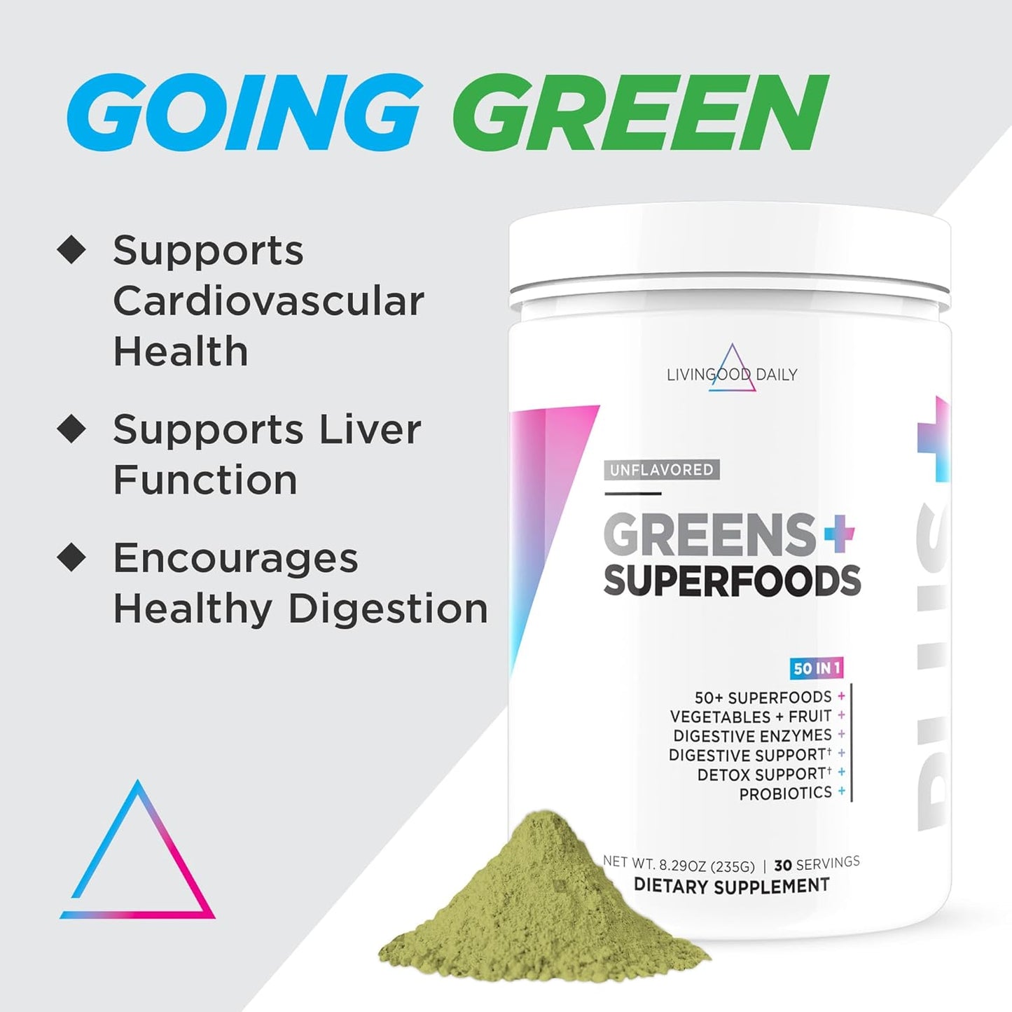 Livingood Daily Greens & Superfood Powder, Super Greens for Gut Health, Green Juice Powder with Spirulina, Chlorella, and Digestive Enzymes, Probiotics for Digestive Support, Unflavored, 30 Servings