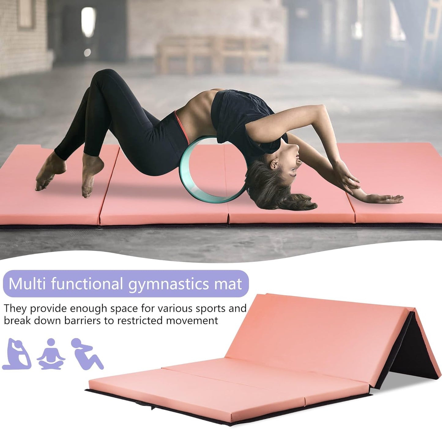Gymnastics Tumbling Mats Portable Gymnastics Mat Foldable Tumbling Mat 2'x6'/4'x8' PU Leather Exercise Mat Yoga Mat with Carrying Handles for home Workout outdoor Yoga Gymnastics