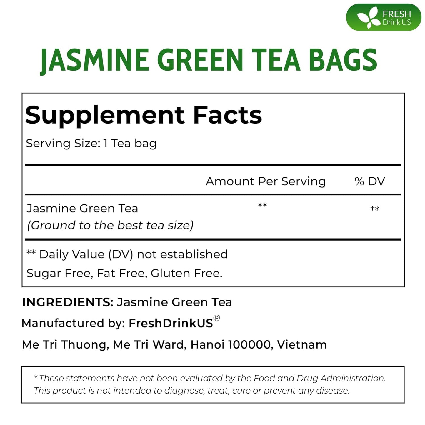 FreshDrinkUS Premium 135 Jasmine Green Tea Bags - 100% Natural & Pure, Made with Natural Material Tea Bags, No Sugar, No Gluten, Vegan