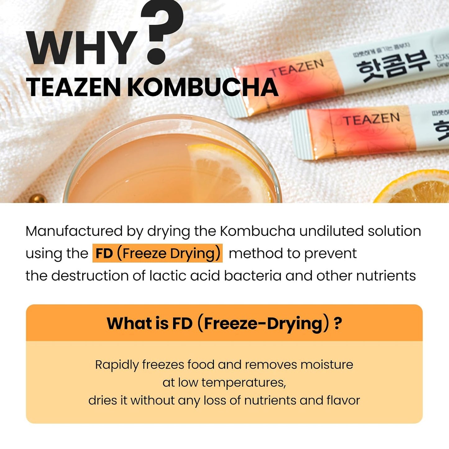TEAZEN Lemon Ginger Hot Kombucha Tea, Spice Tea, Live Probiotics & Postbiotics, Relaxation and Warmth for Colds and Sore Throat, Hydration Drink Mix, Sugar Free, 10 Sticks, 1.76oz