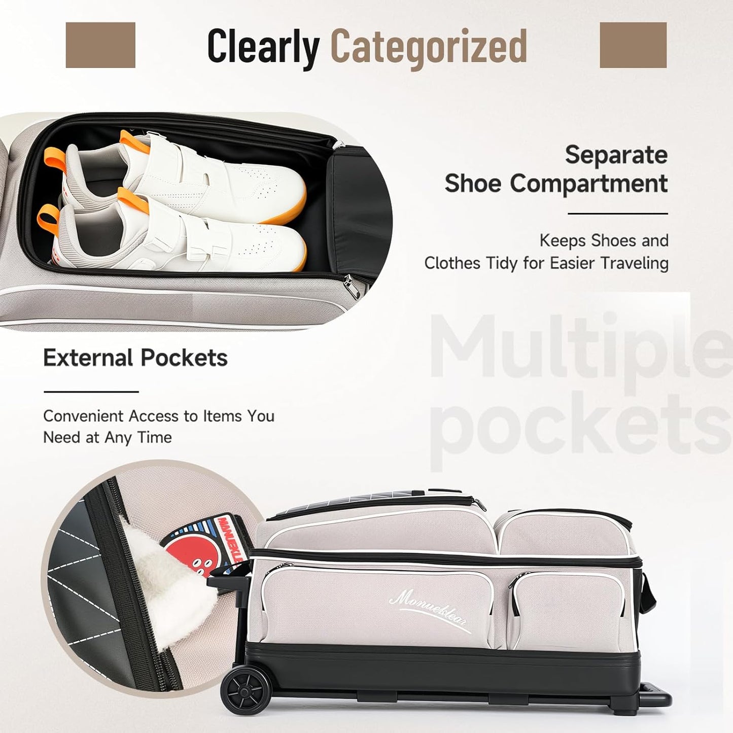 MANUEKLEAR 3 Ball Bowling Bags with Wheels, Bowling Ball Bag 3 Ball Roller with Accessory Pockets and Shoe Compartment