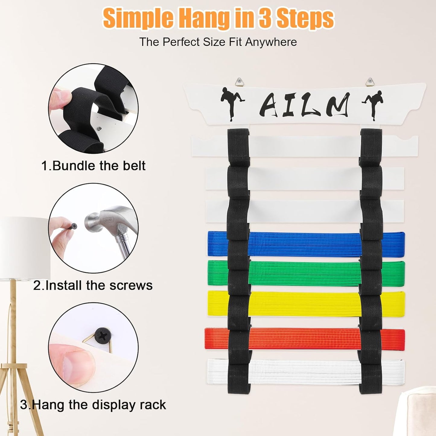 8 Belts Upgraded Karate Belt Display Rack with Stickers, Taekwondo Belt Display 【No Assembly Required】 Martial Arts Belt Display, Karate Belt Holder for Kids and Adult, Wood
