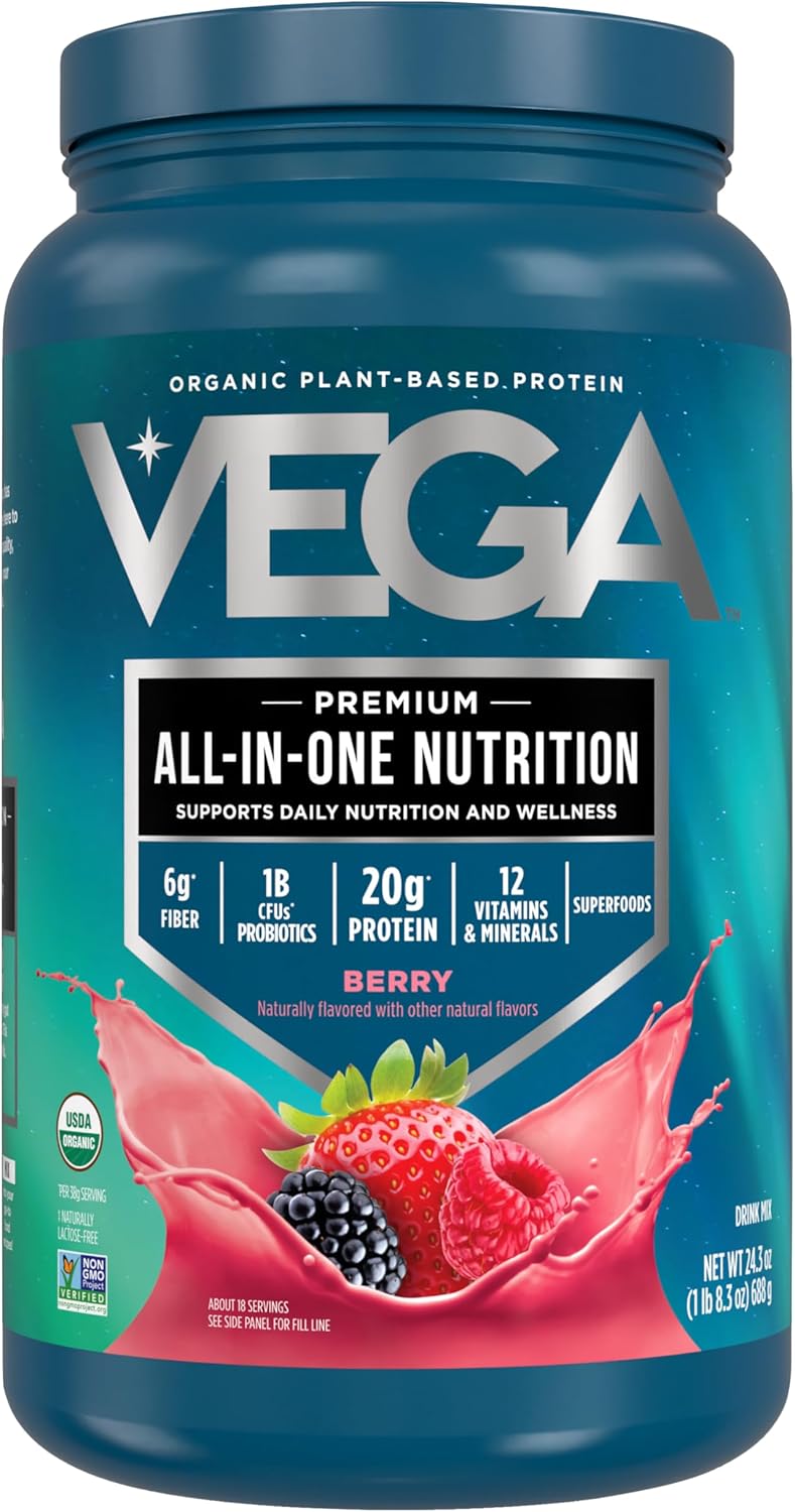 Vega All in One Nutrition Organic - 20g Plant-Based Pea Protein, Berry, 20 Servings, Vitamins A & C, Probiotics, Greens, Vegan, Keto, Gluten Free, 24.3oz (Packaging May Vary)