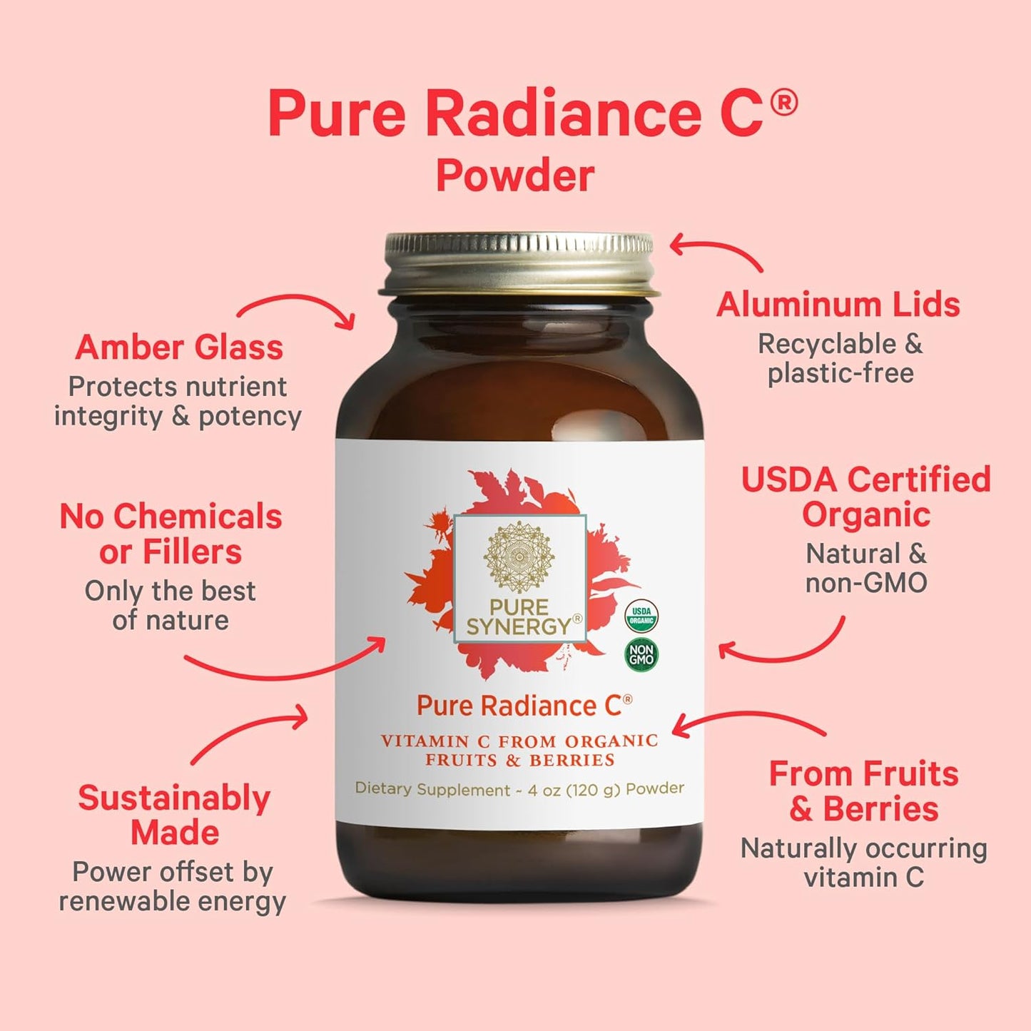 Pure Synergy Pure Radiance C | Organic Vitamin C Powder | 100% Natural, Whole Food, Non-GMO Supplement with Camu Camu Extract | for Immune and Collagen Support (4 oz Powder)