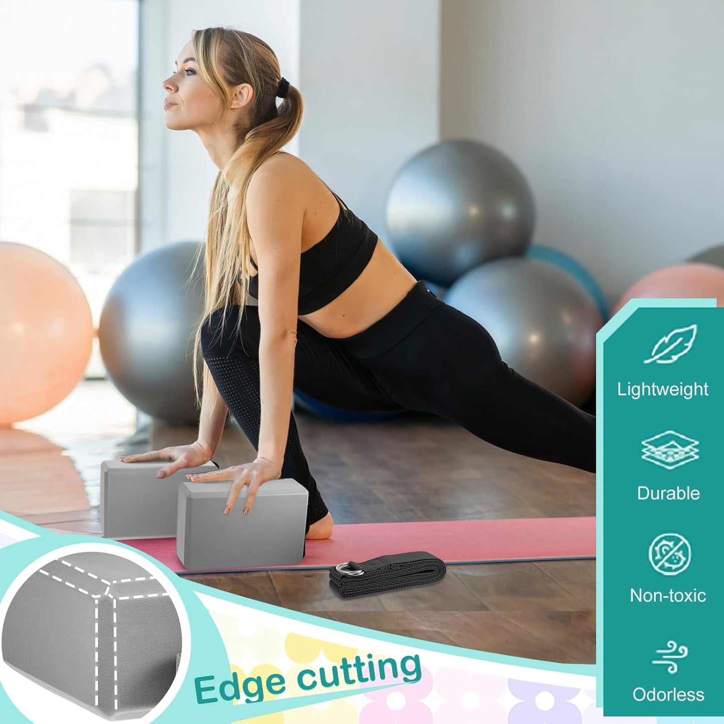 Meooeck 18 Pcs Yoga Block and Strap Set 9 x 6 x 3 Inch EVA Foam Non Slip Brick 8 ft Yoga Straps for Stretching D Ring Design for Back to School Pilates Fitness Workout Exercise