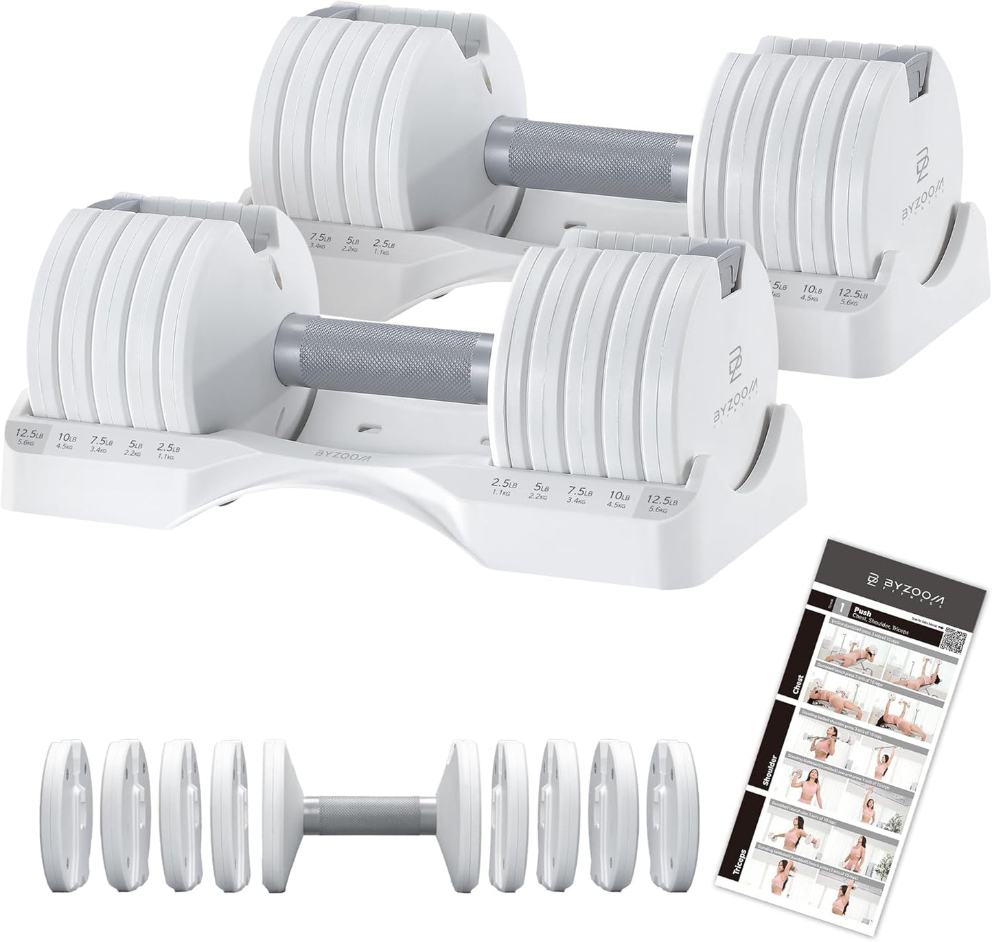 Adjustable Dumbbell – 12.5/25lb Single Unit OR Set of 2 – 5-in-1 Adjustable Weight for Home Gym, Strength Training & Fitness Workouts, White OR Black