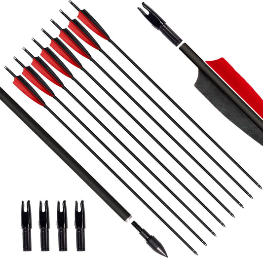 31Inch Carbon Arrows, Targeting Practice Hunting Arrow, Turkey Feather Fletching Arrow, with Removable Tips and nocks for Recurve & Compound Bow