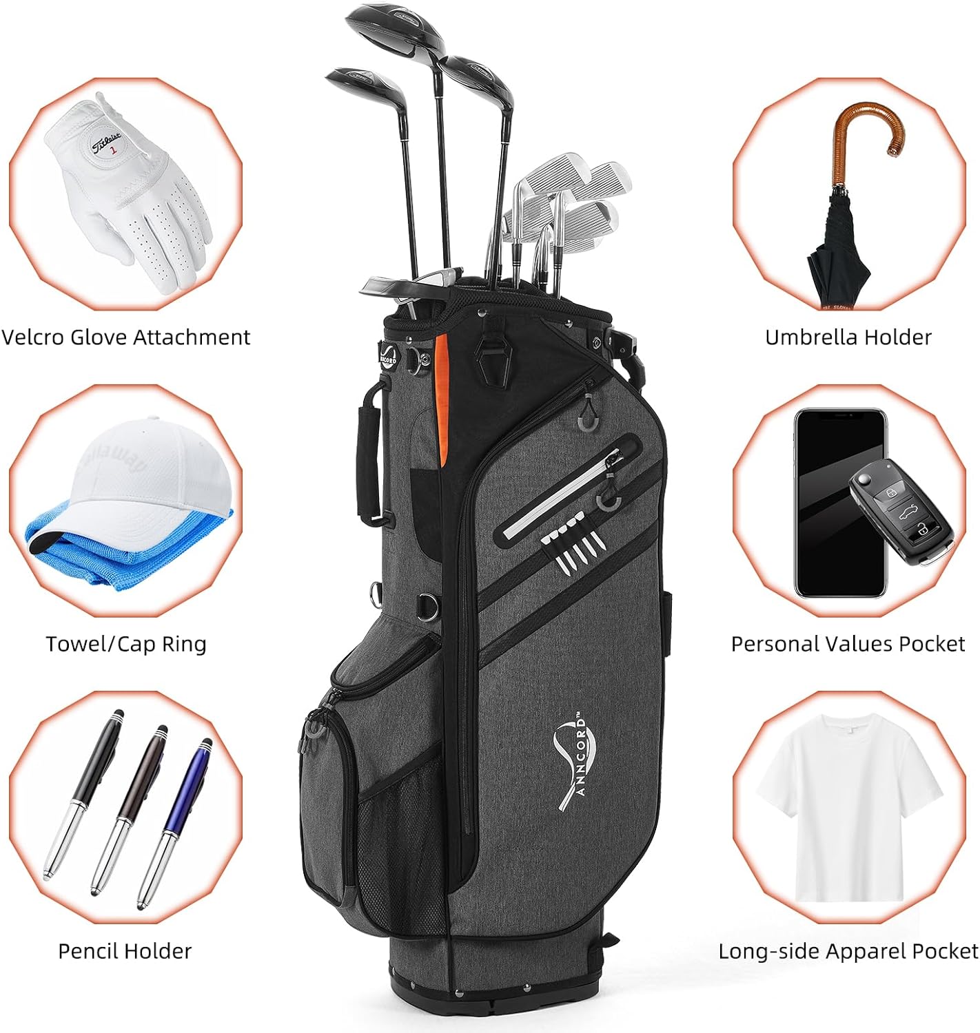Golf Stand Bag 14 Way Top Dividers Full-Length with Stand, 7 Pockets, Lightweight Golf Bag for Men, Dual Strap, Rain Hood, Portable Golf Club Bag for Men Women