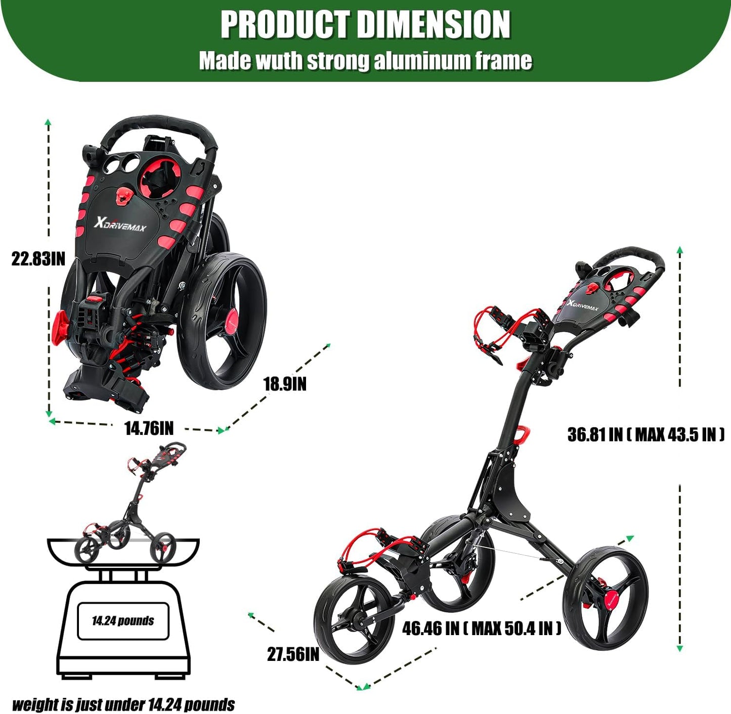 Golf Push Cart Series: 2-Wheel, 3-Wheel, 4-Wheel & 360° Swivel Front Wheel