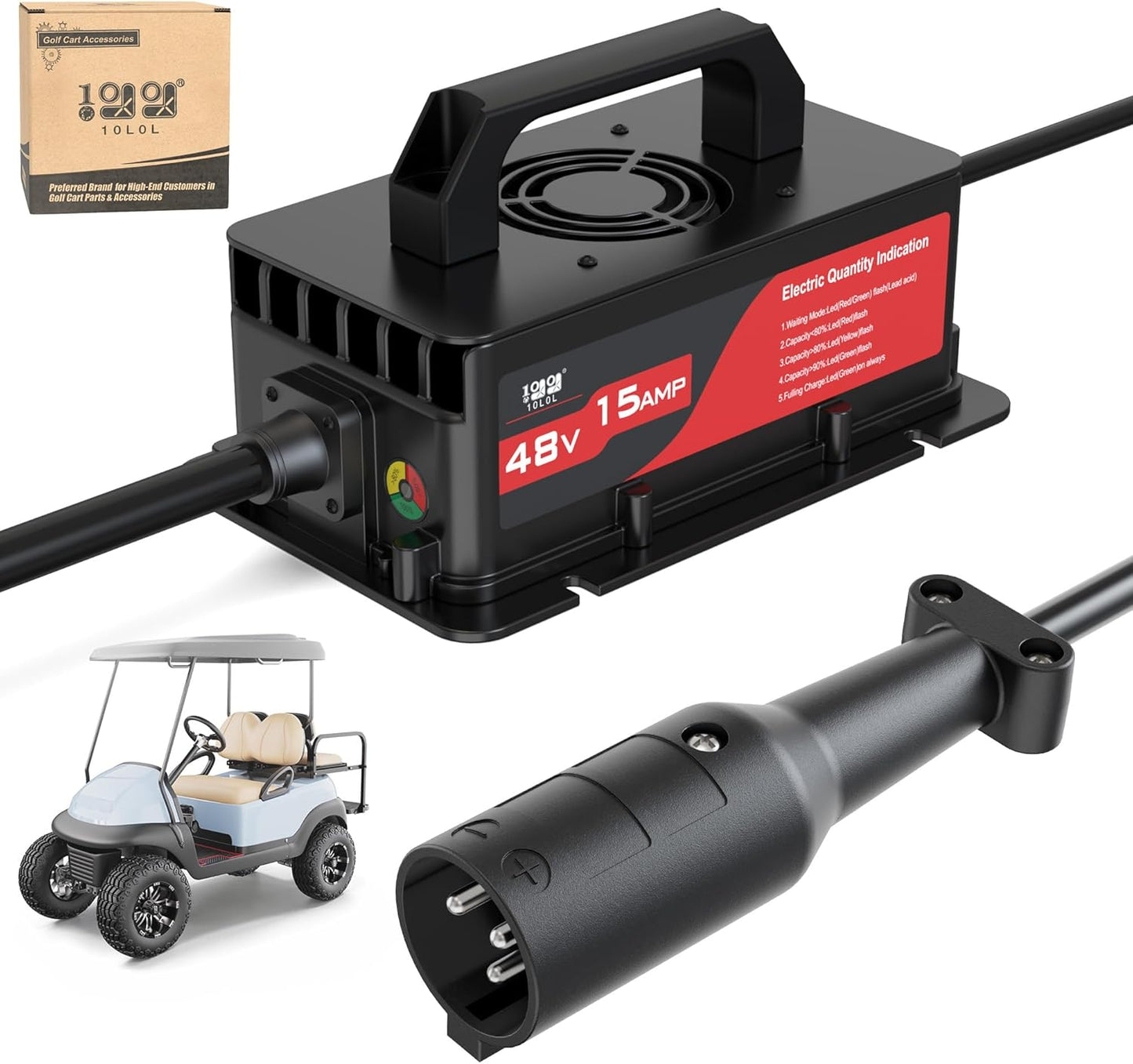 10L0L Club-Car-DS Charger 48V 15A 3-Pin Round Plug Golf Cart Rapid Charger - IP68 Waterproof, Auto Shut-Off, Smart Cooling, Aluminum Housing, Charging Indicator (Black)