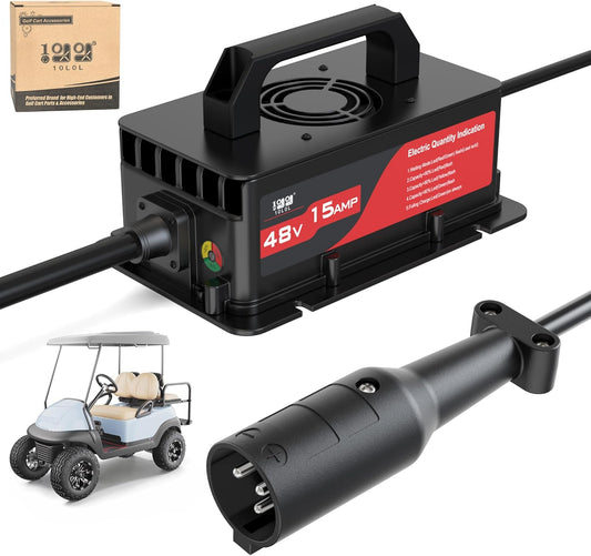 10L0L Club-Car-DS Charger 48V 15A 3-Pin Round Plug Golf Cart Rapid Charger - IP68 Waterproof, Auto Shut-Off, Smart Cooling, Aluminum Housing, Charging Indicator (Black)