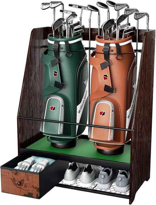 Golf Bag Organizer Storage for 2 Bags with Drawer – Easy Assemble Golf Club Stand Ideal for Garage, Clubs and Basement