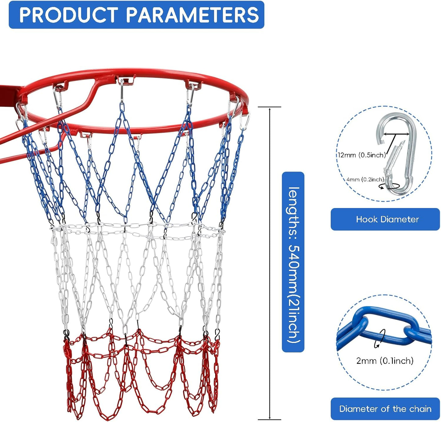 Basketball Net, Stainless Steel Braided Chain Heavy Duty, Standard Basketball Net (12 Links), Quick Installation. Suitable for Indoor and Outdoor Climates