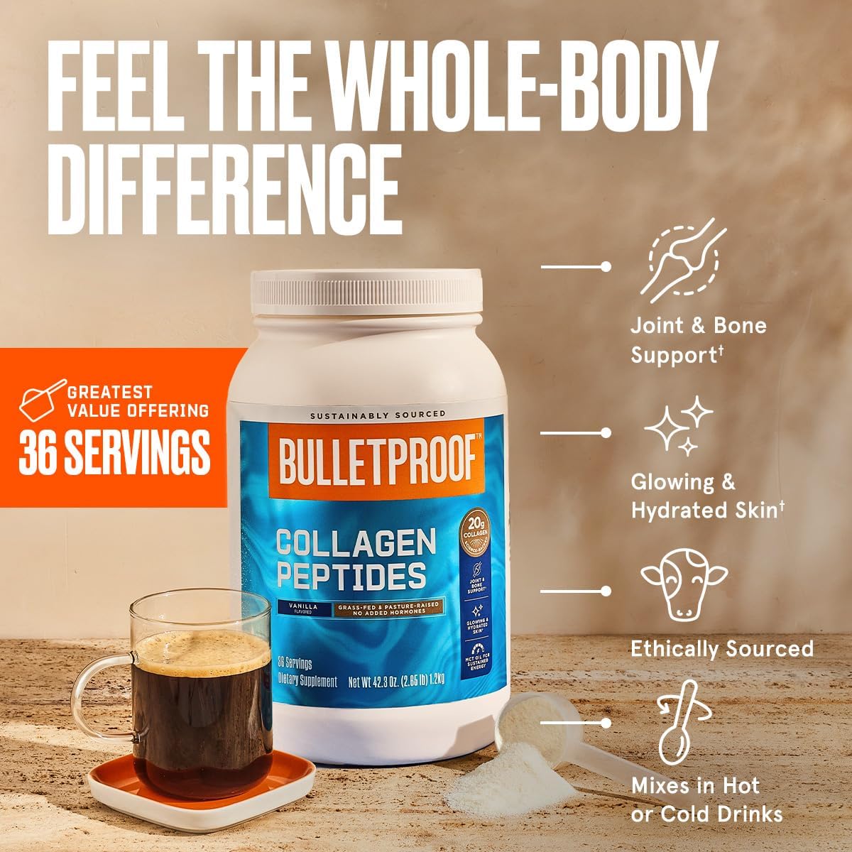 Bulletproof Vanilla Collagen Protein Powder with MCT Oil, 19g Protein, 42.3 Oz, Value Size, Collagen Peptides and Amino Acids for Healthy Skin, Bones and Joints