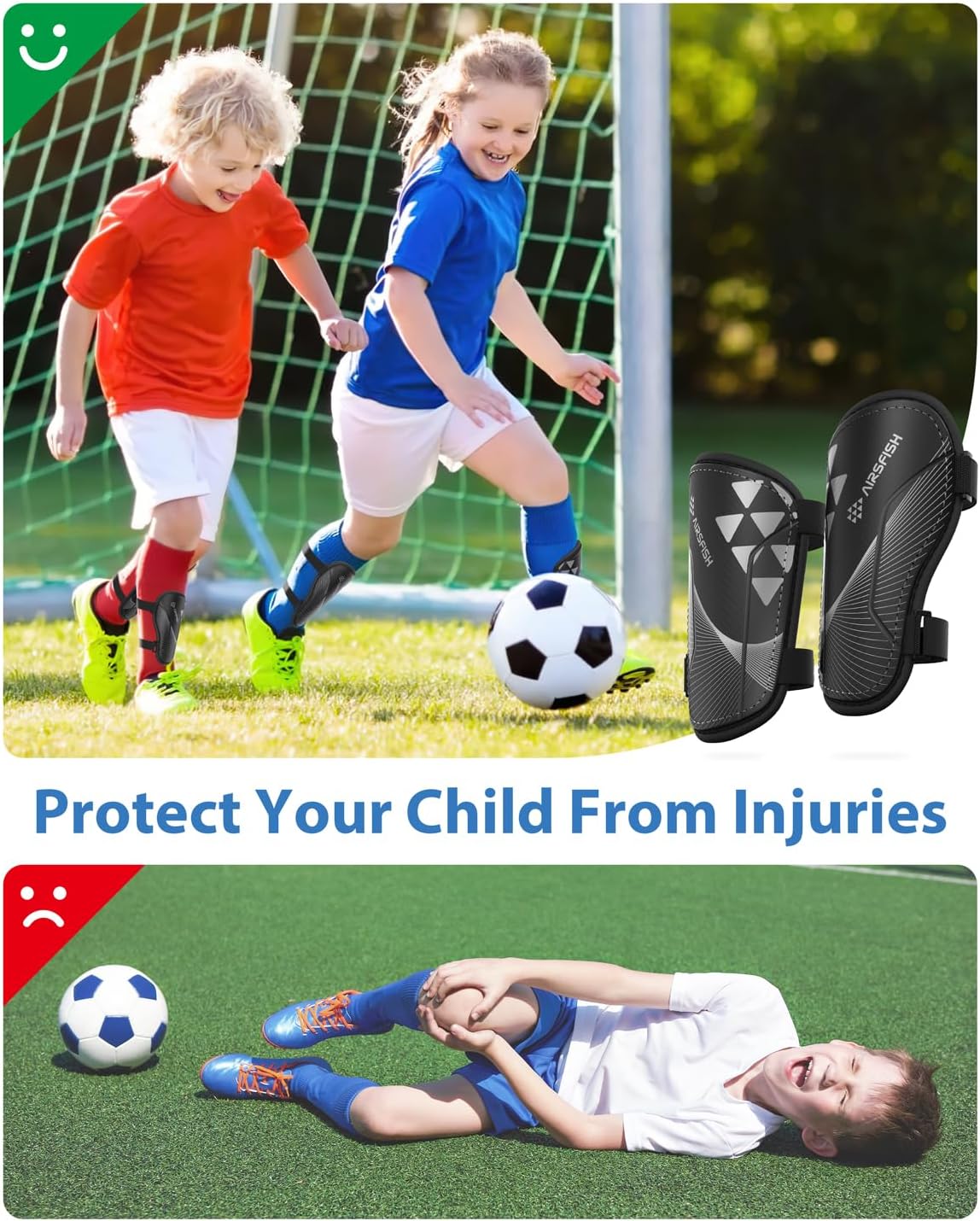 Shin Guards Soccer Kids Youth, CE Certified Airsfish Shin Guard Protection Gear for 2-18 Years Old Boys Girls Teenagers High Impact Resistant Breathable Comfortable 1 Pair 4 Sizes