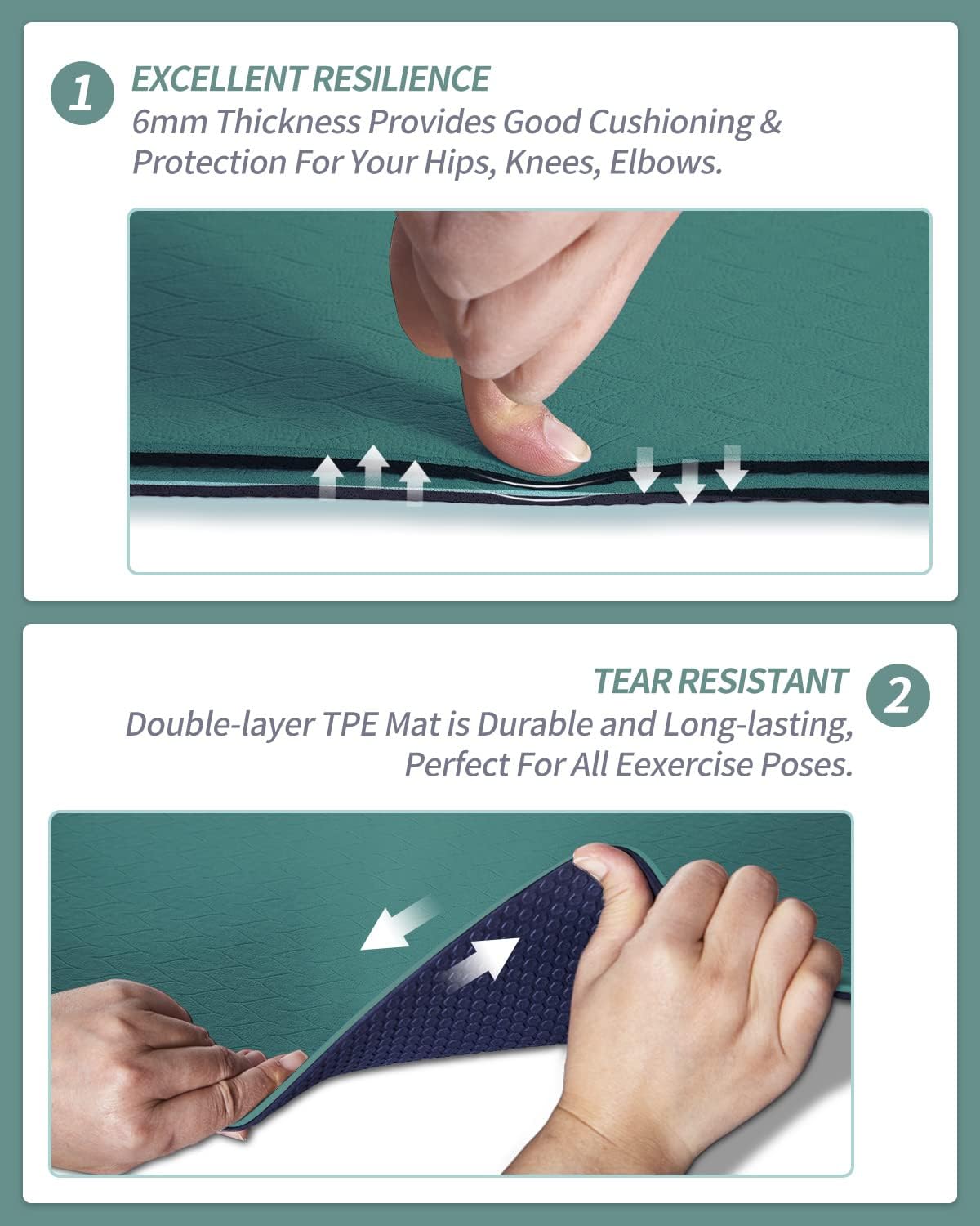 COOLMOON Yoga Mat Non Slip, Anti-Tear 1/4 Thick TPE Yoga Mats for Women and Men, 72"x24" Exercise & Fitness Mat with Carrying Strap, Workout Mats for Yoga, Pilates and Floor Exercise