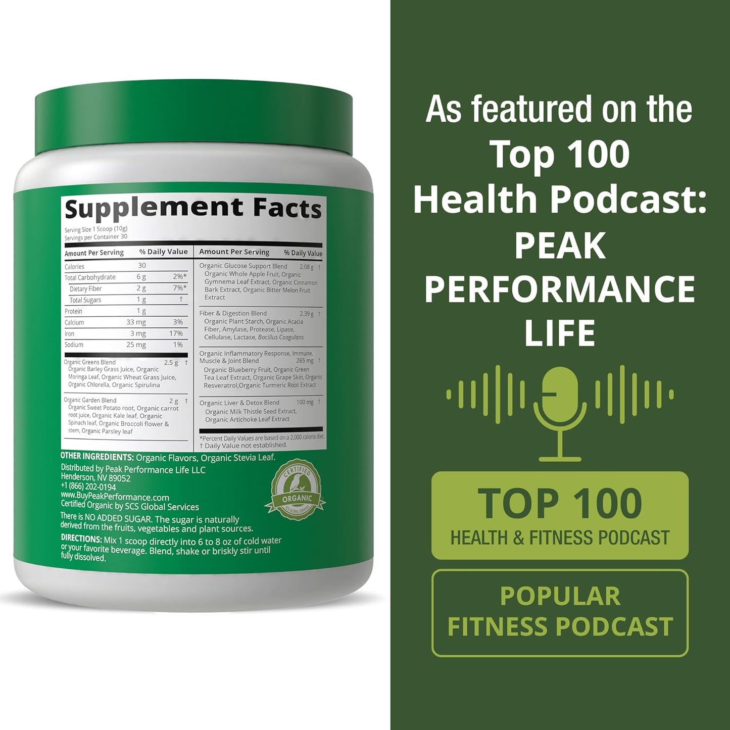 Peak Performance Organic Greens Superfood Powder. Best Tasting Super Greens Powder with 25+ Organic Ingredients for Max Energy and Athletic Performance. Vegan Keto Green Juice Daily Drink