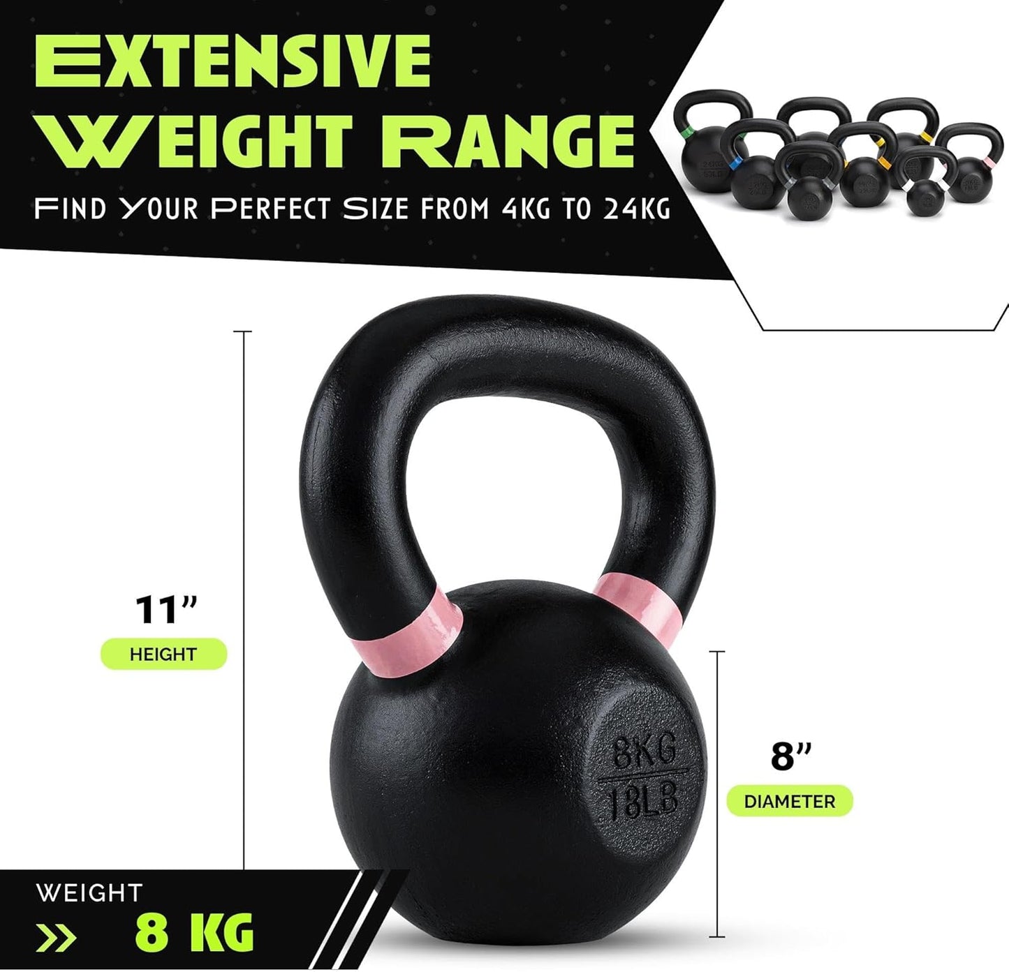 Single Cast Iron Kettlebell | Powder Coated - Wide Handle Weights for Core & Glute Workouts; Swings, Squats, Deadlifts; Strength, Endurance & Flexibility for Men & Women