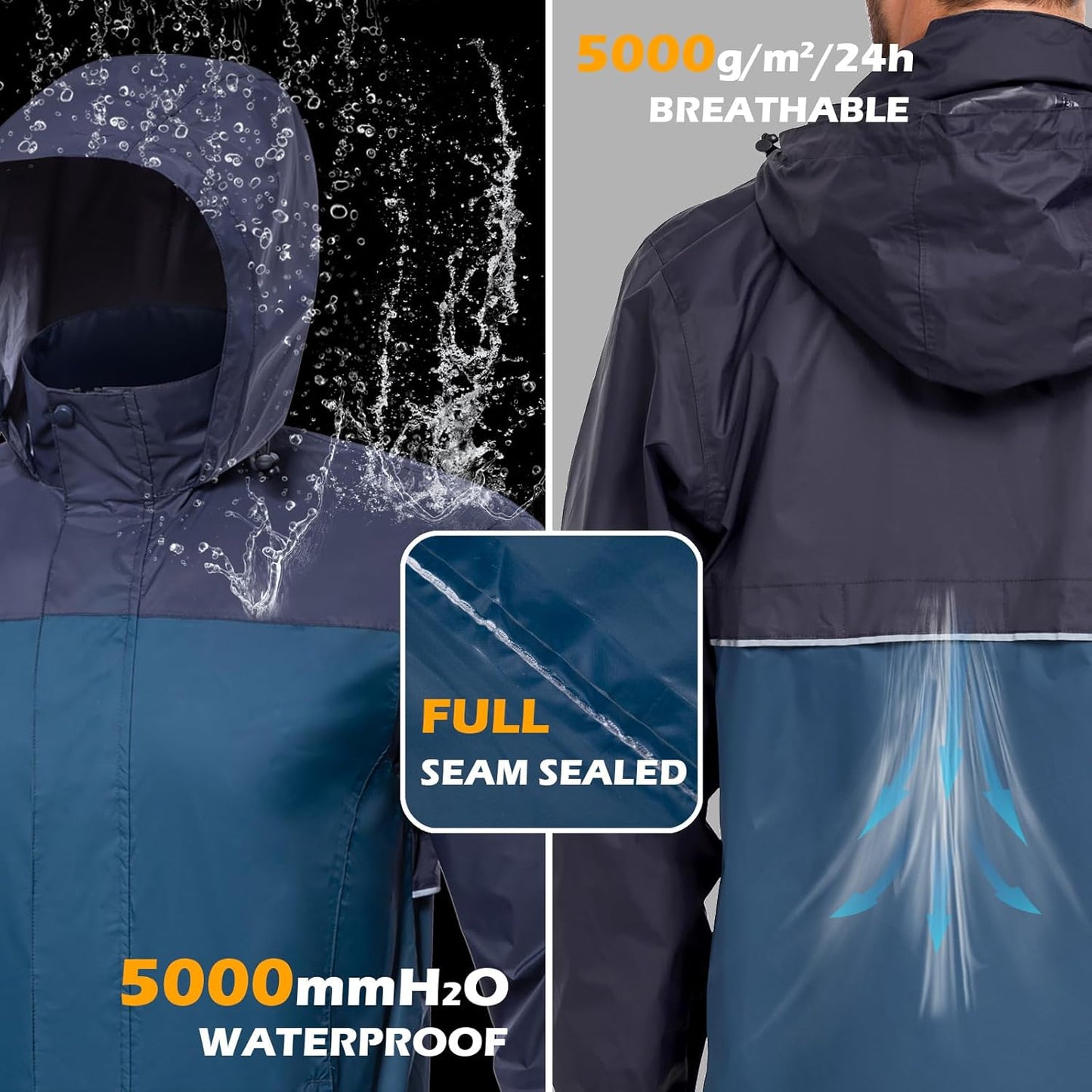 MANSDOUR Men's Packable Rain Jacket Waterproof Lightweight Windbreaker Cycling Golf Hiking Reflective Raincoat with Hood