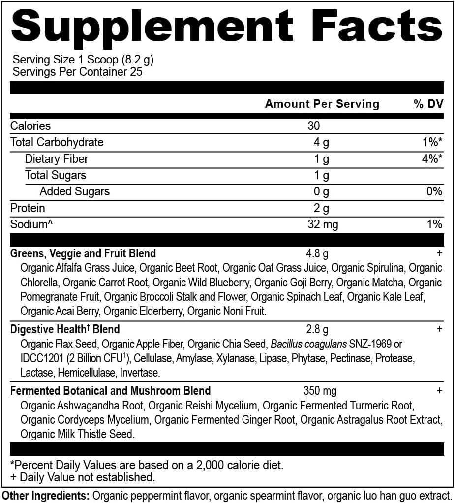 Ancient Nutrition SuperGreens Powder with Probiotics, Organic Peppermint Flavor Greens, Made from Real Fruits, Vegetables and Herbs, for Digestive and Energy Support, 25 Servings, 7.23oz