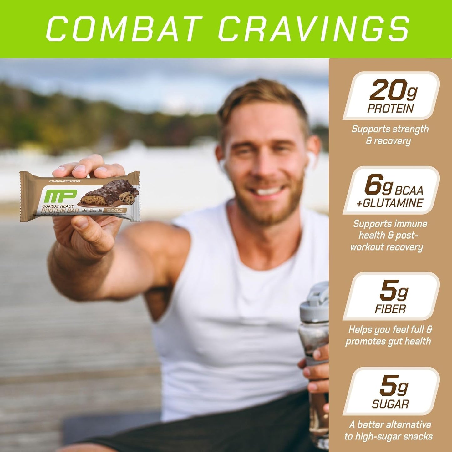MusclePharm Combat Ready Chocolate Chip Cookie Dough Protein Bar, High Protein Bars, Combat Cravings, Fuel Performance & Meet Energy Demands, 20g Protein from Whey Protein, 5g Fiber, Gluten Free, 4 Bars